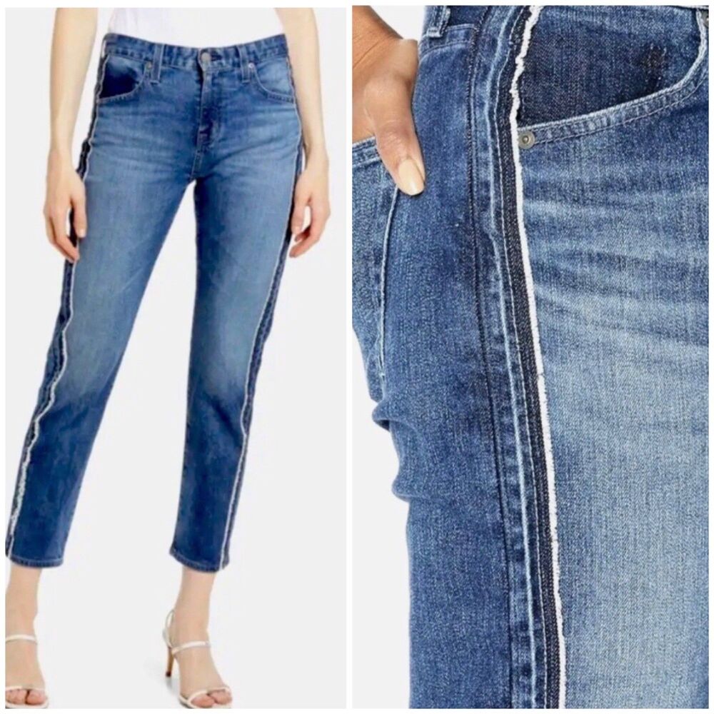 AG Ex Boyfriend Slouchy Slim Jeans 29 Toxedo Frayed Side Stripe Casual Edgy